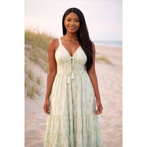 Boho Maxi Dress Mint Green Beach Vacation Flowy Women Embroidered Resort Wear